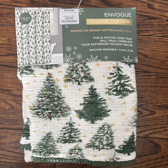 New Envogue Christmas Tree Oeko Tex Shower Curtain 72" x 72" With Pom Pom Trim - Picture 5 of 5